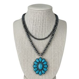 Western Concho Turquoise Boho Pendant Necklace Handmade Double Strand